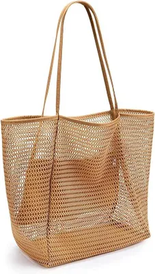 Image de Sac de plage et de courses Unyqoos® en nylon résistant aux déchirures, avec motif en forme de losanges. Grand sac pliable, idéal pour les voyages, les pique-niques et les courses. Il possède une poche intérieure, est imperméable et de couleur marron