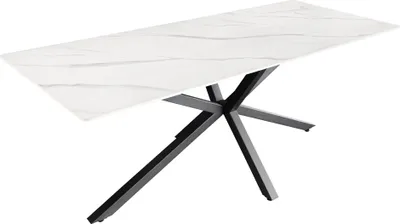 Produktbild von riess-ambiente Moderner Esstisch GALAXIE 160cm weiß Keramik Marmor-Design glänzend Metallgestell schwarz