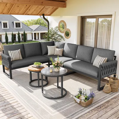 Produktbild von Merax Gartenmöbelset mit Verstellbaren Beinen, Balkonmöbel mit Wasserabweisenden Kissen, Modulares Gartenlounge Set für 5-6 Personen, Grau