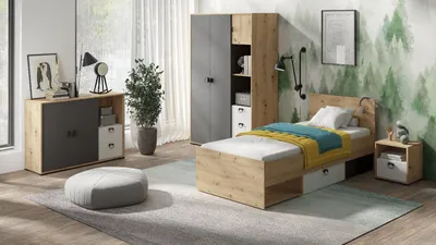 Produktbild von Jugendzimmer-Set KEVIN 2 Kleiderschrank + Kommode +Nachttisch+ Bett Eiche Artisan +Weiß + Graphit