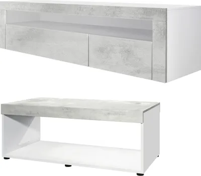 Produktbild von Vladon Wohnzimmer-Set Berlin, bestehend aus 1 TV-Board mit 1 offenem Fach und 2 Klappen und 1 Couchtisch, Weiß matt/Beton Oxid Optik