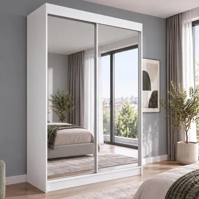 Obrázek produktu pro BEAUTYSOFA šatní skříň s posuvnými dveřmi DEBRA 150 cm - šatní skříň se zásuvkami a zrcadlem (bílá)