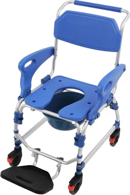 Obrázok produktu pre Toaletná stolička na kolieskach – Mobilná sprchová a toaletná stolička pre vozíčkarov – 4 kolieska – nosnosť 125 kg – výška sedadla 54 cm – modrá/biela