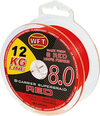 A spool of red fishing line in its packaging.