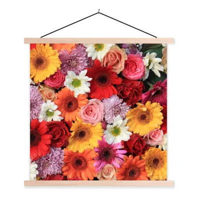 Produktbild von MuchoWow® Textilposter Blumen - Farben - Gerbera - Rosen 120x120 cm mit holzfarbenen Rahmen - Textil-Poster