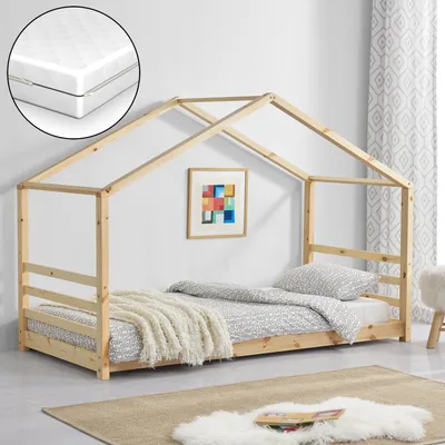 Zdjęcie produktu dla Łóżko dziecięce + materac ze stelażem listwowym i siatką 90x200cm łóżko domowe łóżko drewniane łóżko domowe łóżko młodzieżowe [en.casa]
