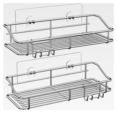 Produktbild von Duschablage ohne Bohren, selbstklebende Duschkörbe mit Haken, Badezimmerregal, Aufbewahrungsregal für Bad, Waschraum, Küche, Edelstahl Design, 2er Set Silber