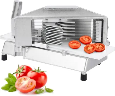 Produktbild von Edelstahl Gemüseschneider – 10 mm Scheiben, rutschfeste Füße – Ideal für Tomaten, Zwiebeln und Brot – Für Küche und Gastronomie
