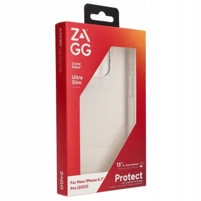 The image shows the retail packaging of a ZAGG Crystal Palace Ultra Slim phone case for an iPhone 6.7 Pro (2023).