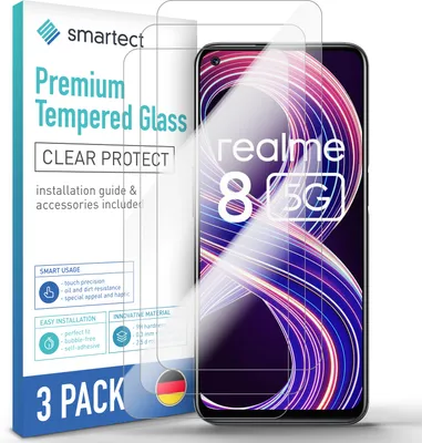 A product package for screen protectors for a Realme 8 5G phone, with the phone displayed on the right.