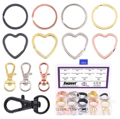 Produktbild von Swpeet, 60 Stück runde und herzförmige Schlüsselanhänger in 4 Farben, mit Metall-Karabinerverschluss, Schlüsselanhänger-Set, flache Schlüsselringe, Metall-Split-Schlüsselanhänger