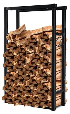 Zdjęcie produktu dla Półka na drewno kominkowe Ikodm, regulowana, 60–100 × 25 × 100–150 cm, metal, czarna, z 4 haczykami na akcesoria kominkowe