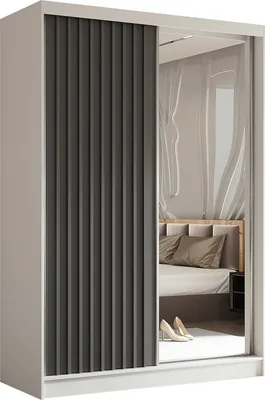 Produktbild von Masseno Schiebetürenschrank LAMELLO 150 cm Kleiderschrank Schlafzimmer Schrank 2-türig mit Spiegel und Lamellen Weiß