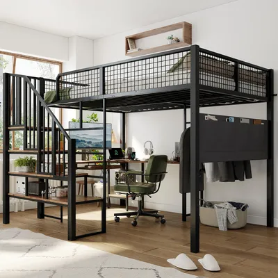 Produktbild von Metallbett 140x200cm, Schwarz, mit L-förmigem Eckschreibtisch, Treppe, Tastaturauszug und Ladeanschluss