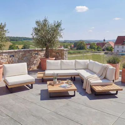 Produktbild von Garten-Garnitur mit Sessel HWC-H54, Lounge-Set Sofa, Spun Poly Akazie Holz Aluminium hellbraun, Polster cremeweiß
