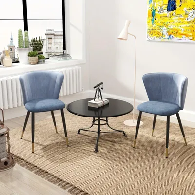 Produktbild von Esszimmerstühle, Set aus 2 – blaue Samt-Schalenstühle mit ergonomischer Rückenlehne und Metallbeinen