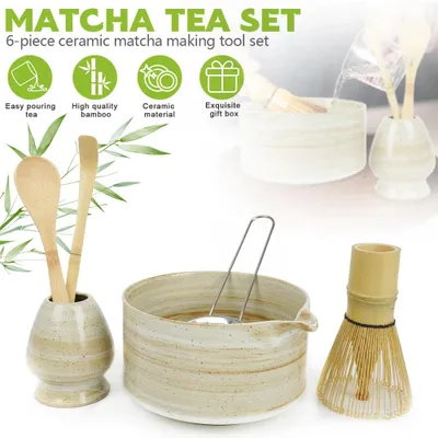 Produktbild von Matcha-Set - Matcha-Zubehörset - 6-teilig - Keramikschale - Bambusbesen - Sieb - Löffel - Gelb-Grün-Verlauf
