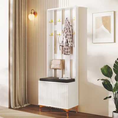 Produktbild von MODFU Garderobenset kleiderschrank mit Schuhbank und Kissen, Garderobenfront offener kleiderschrank mit Haken, Weiß