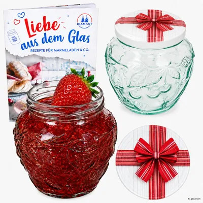 Immagine prodotto di Set da 2 contenitori per frutta/marmellata, in vetro, capacità 580 ml, ideali come regalo, con coperchio. Codice prodotto: TO82, Immagine generata dall'IA