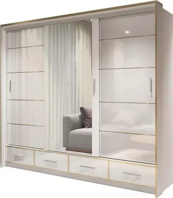 Produktbild von BETTSO Schwebetürenschrank 253 cm mit Spiegel und 4 Schubladen Kleiderschrank mit Kleiderstange und Led Belechtung Einlegeboden BENCH Weiß+Weiß Glänz