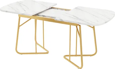 Produktbild von Weißer erweiterbarer Esstisch mit Marmorstruktur, vergoldete Metall-Tischbeine, erweiterbarer Esstisch 140/180*80 cm, geeignet für 4–6 Person,