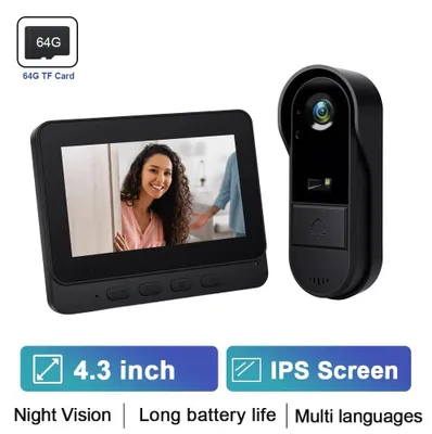 Produktbild von Kabellose Video-Türklingel - Türklingel mit Monitor - 10,9 cm IPS Display - 2,4 GHz Funk ohne WLAN - Zwei-Wege-Audio - Nachtsicht - Batteriebetrieb - 64 GB SD-Karte