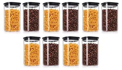 Productafbeelding van Arendo set van 10 voorraadpotten, elk 1200 ml, met glazen deksel, luchtdicht afgesloten met een siliconenring. Vierkante glazen containers van borosilicaatglas, geschikt voor temperaturen van -40 tot 400 °C. Transparant