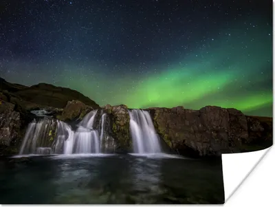 Produktbild von MuchoWow® Poster Nordlicht - Wasserfall - Island - Natur 120x90 cm - Wandbild