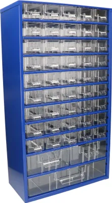 A blue metal storage cabinet with multiple clear plastic drawers, filled with small items.