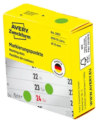 Produktbild von Avery Zweckform 3851, Markierungspunkte, ? 10 mm, 800 Markierungspunkte / 1 Rolle, grün