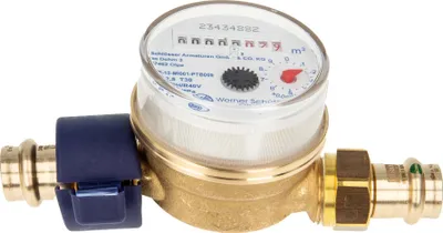 Produktbild von Einstrahlzähler ETK Kombi-Set (Kaltwasser) bis 30 Grad Länge 80 mm, inkl. Verschraubung mit Pressanschluss 22 mm, Plombierschelle