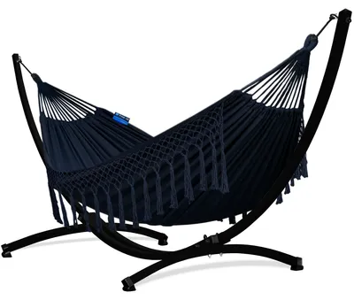 Produktbild von Potenza Outdoor Hängematte mit Gestell für 2 Personen I Baumwolle Doppelhängematte XXL 220x160, 200kg I Schwarz Hängemattengestell 220kg, wetterfest