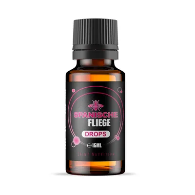 A product shot of a small amber glass bottle with a black cap and a black label featuring pink circular graphics and text.