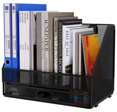 Image de Support de magazines de bureau A4 en métal, organisateur de bureau avec 5 compartiments et espace de rangement, couleur noire