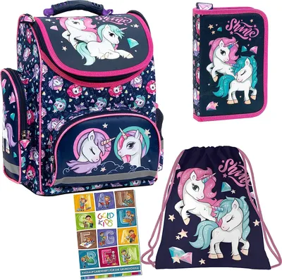 Produktbild von Einhorn Unicorn Schulranzen 4er Set Ranzen Tornister Federmappe Federmäppchen Turnbeutel Turnsack Aufgabenheft für die Grundschule