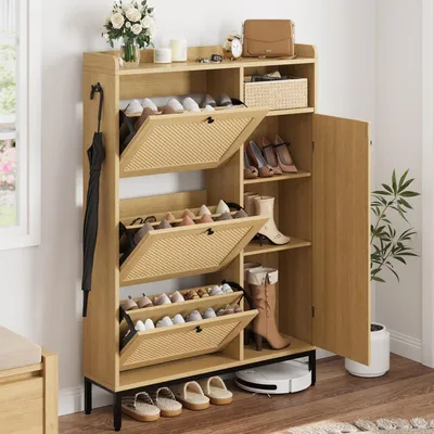 Produktbild von Schuhschrank aus Rattan mit 3 Klappschubladen und 4-stufiger , mit verstellbaren Regalen für Eingang,Flur,Wohnzimmer