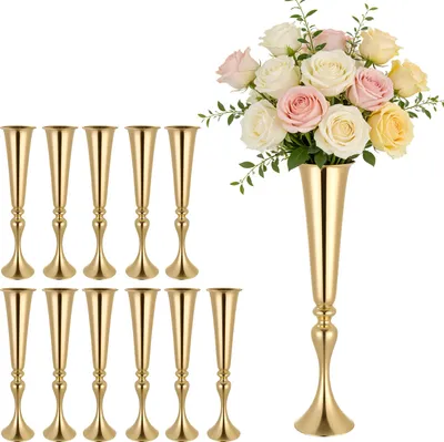 Produktbild von VEVOR 12 Stk. Hochzeitsvasen Tafelaufsatz Blumenvasen für Hochzeit 55 cm Hoch, Metall Tafelaufsatz Vasen mit Blumenständern, Trompete Vase Tischdeko für Hochzeiten Party Jubiläumsfeier Zeremonie, Gold