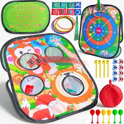 Produktbild von Kinderspielset – Spielbrett und Cornhole – 5-in-1 – Faltbares Textildesign – Waldtiere – 6 Schleuderpfeile, 8 Beutel