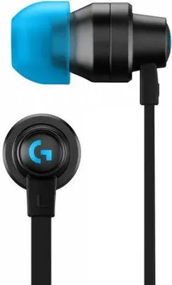 A pair of black and blue Logitech G gaming in-ear earbuds is shown against a white background.