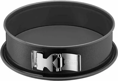 A black springform pan with a silver latch is shown against a light gray background.