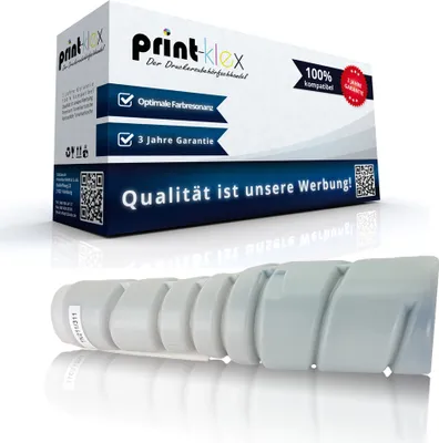 A product shot of a toner cartridge and its packaging, presented on a reflective white surface.