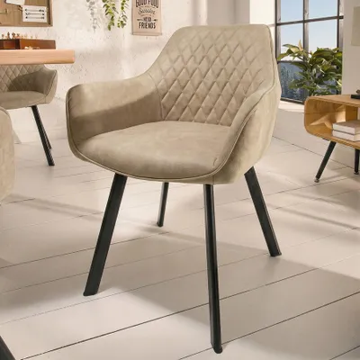 Produktbild von riess-ambiente Stuhl PALERMO beige schwarz Microfaser Metall Esszimmerstuhl mit Armlehne und Ziersteppung