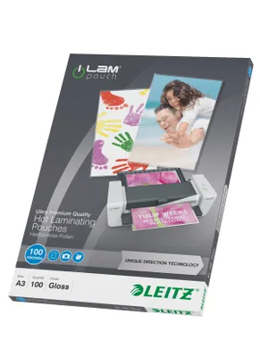 Produktbild von Esselte iLAM Laminierung, Beutel - Sheet Size Supported: A3 297 mm Breite x 420 mm Länge x 0,10 mm Dicke - Laminating Pouch/Sheet Size: 303 mm Breite x 426 mm Länge - Typ G - Hochglanz - Staufreier Druck, Störungsfrei, Feuchtigkeitsabweisend, Rigid - Glasklar - 100 / Packung