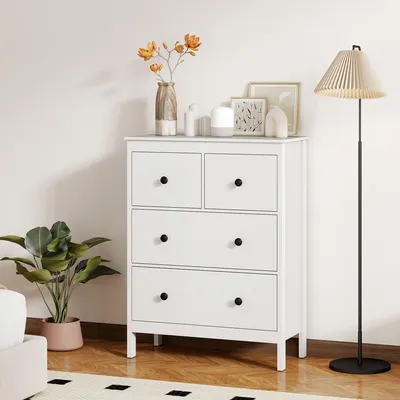 Produktbild von Schubladenschrank Sideboard, Kommode 4 Schubladen Flur Schlafzimmer, Spanplatte, Weiß  |  Kippschutz  |  Kugellager-Schienen  |  74 x 35 x 97 cm