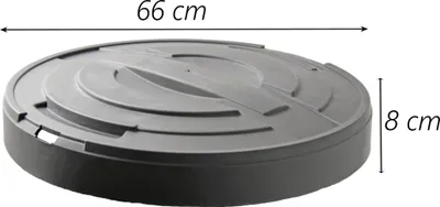 A gray circular lid for a water tank is shown from a side angle on a white background. Dimensions are indicated with text.