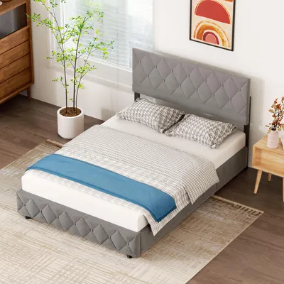 Produktbild von okwish Boxspringbett Polsterbett 140 x 200 cm mit Kopfteil in Knopfnahtverzierung, Hydraulisches Stauraumbett mit Bettkasten Stauraum, Doppelbett Jugendbett mit Lattenrost aus holz und Metallrahmen(Ohne Matratze)- Hellgrau