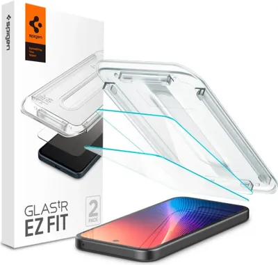 A product shot of a phone screen protector packaging and a phone.