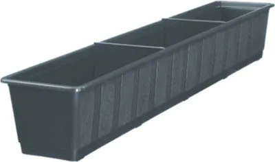 A long, dark gray planter box with three compartments, shown from a slightly elevated side angle against a white background.