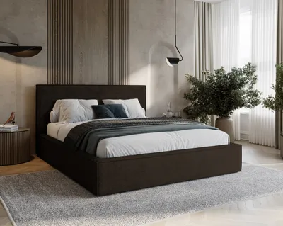 Image de BESILIO Lit de chambre à coucher 200x200 Zanzi - cadre métallique, lit avec coffre de lit, passepoil décoratif - marron