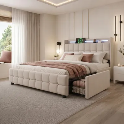 Produktbild von Flieks Polsterbett 140x200cm mit USB und Steckdosen, Jugendbett Doppelbett mit 4 Schubladen, Stauraumbett Massivholzbett mit LED und Lattenrost, Leinen, Beige